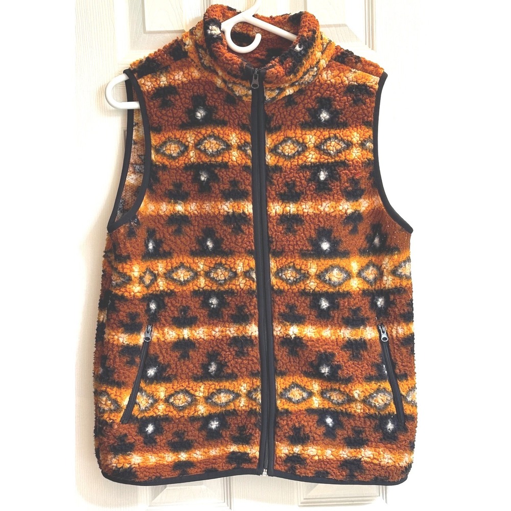 Sabrina Lauren Orange Sherpa Fleece Vest Southwestern Aztec Print Womens Medium